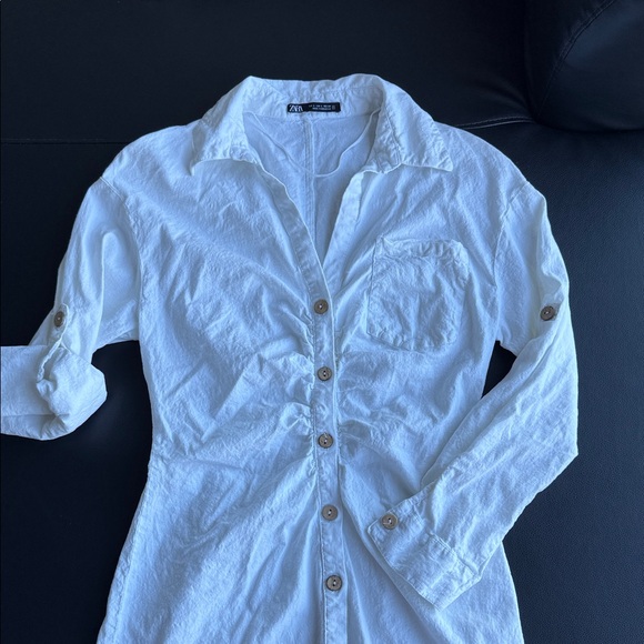 Zara Dress White Linen Blend Button-Up Shirt Size L Classic Coastal Minimalist - Picture 3 of 8